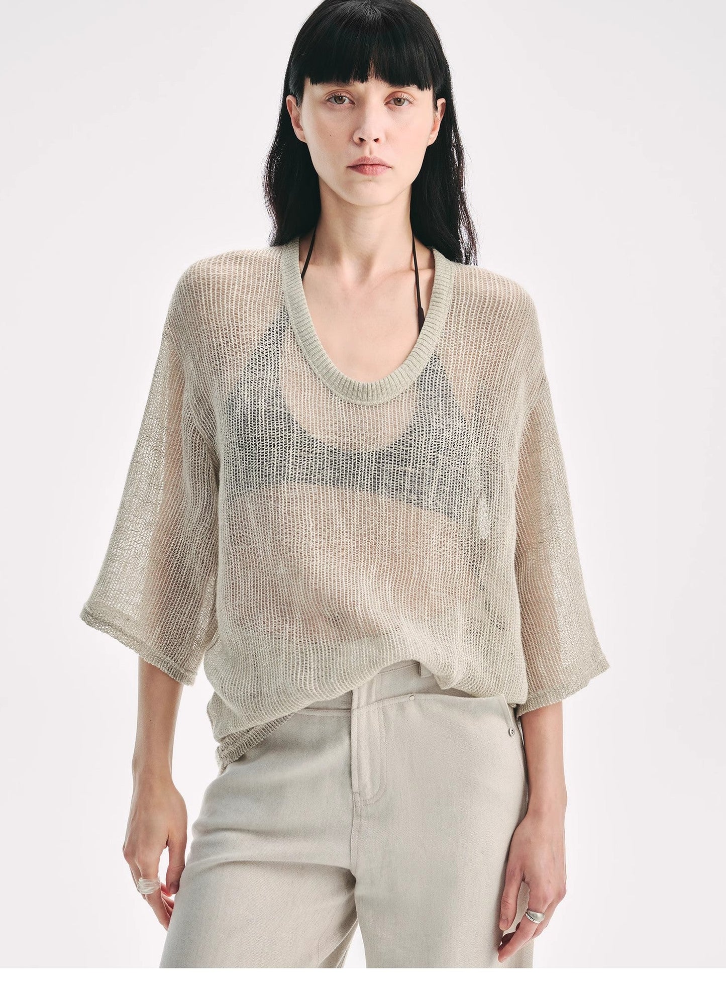Loose U-Neck 3/4 Sleeve Cotton and Linen T-Shirt Summer"Inspiration Starts"