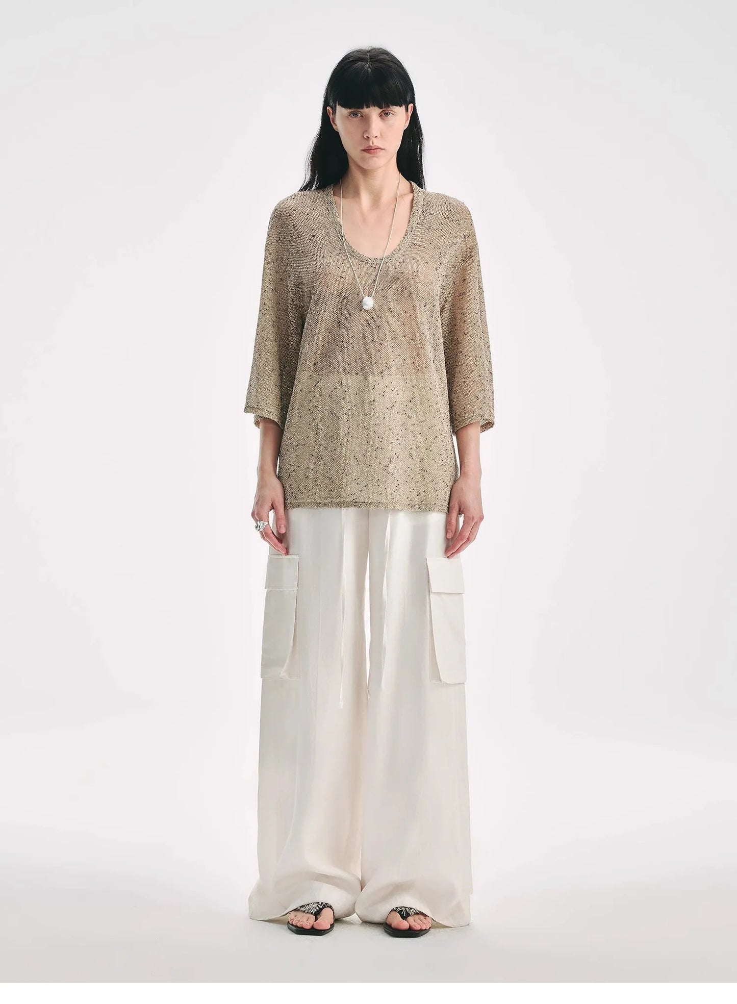 Loose U-Neck 3/4 Sleeve Cotton and Linen T-Shirt Summer"Inspiration Starts"