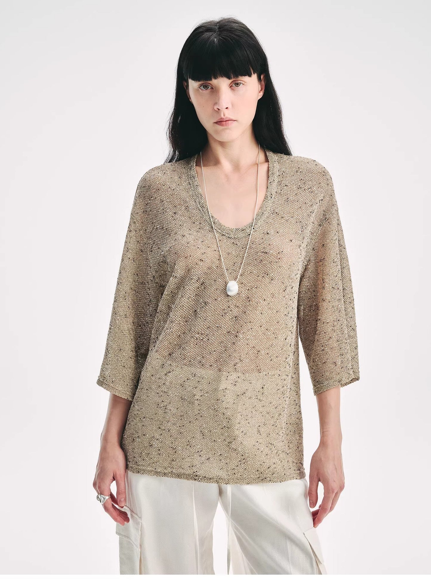 Loose U-Neck 3/4 Sleeve Cotton and Linen T-Shirt Summer"Inspiration Starts"