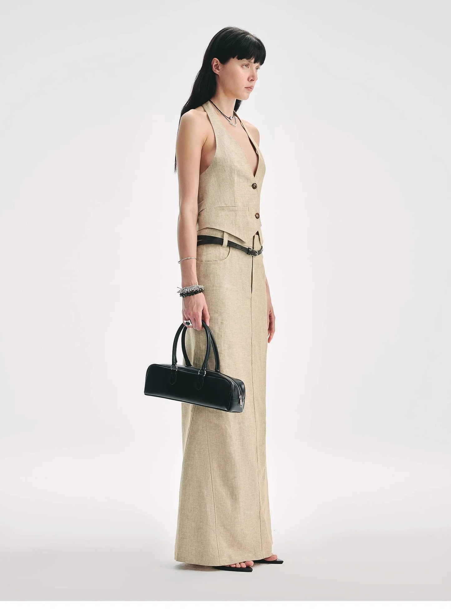 Retro Linen V-Neck Halter Vest and Fishtail Hip Skirt Set"Old Money Weekly"