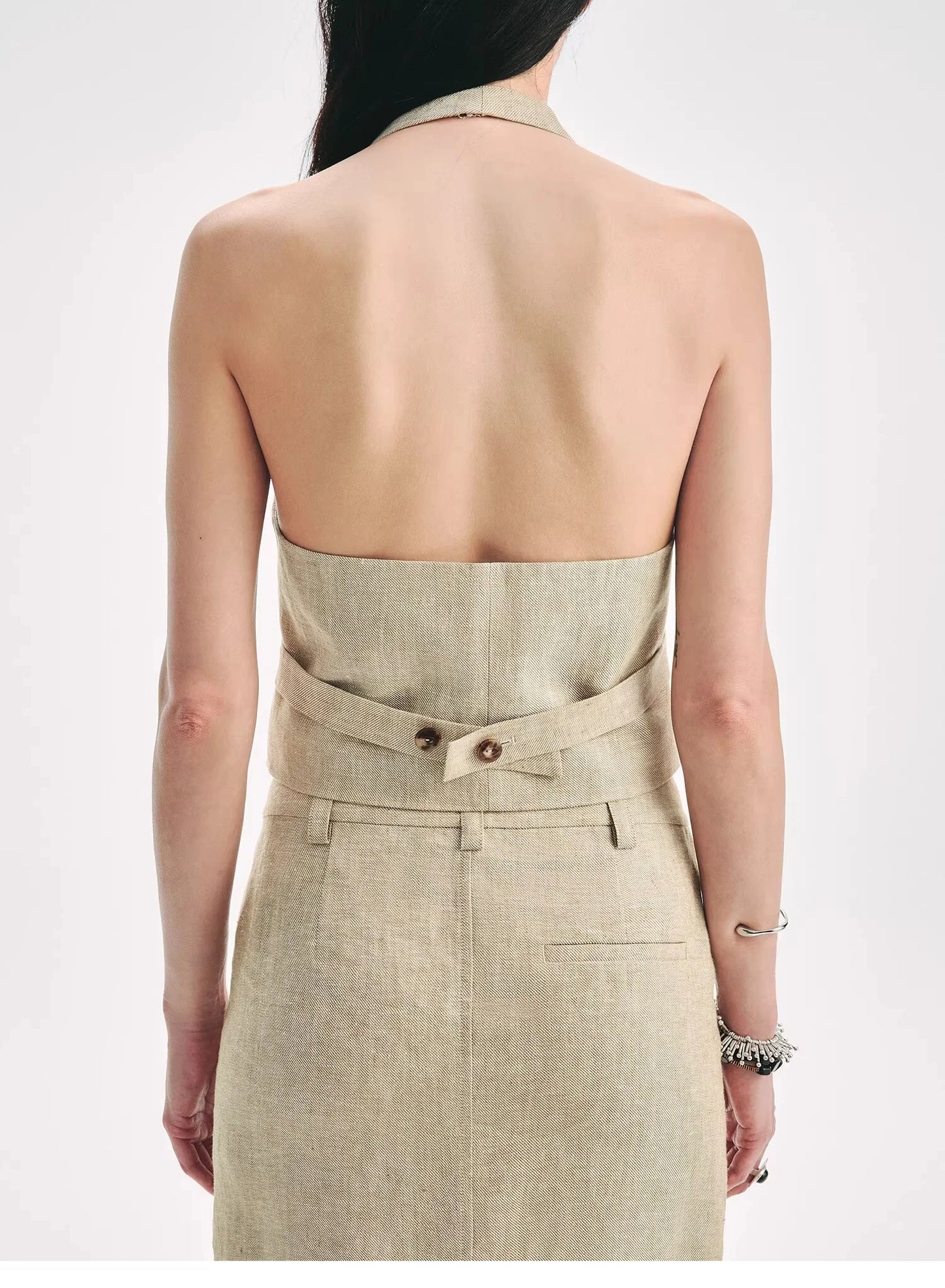 Retro Linen V-Neck Halter Vest and Fishtail Hip Skirt Set"Old Money Weekly"