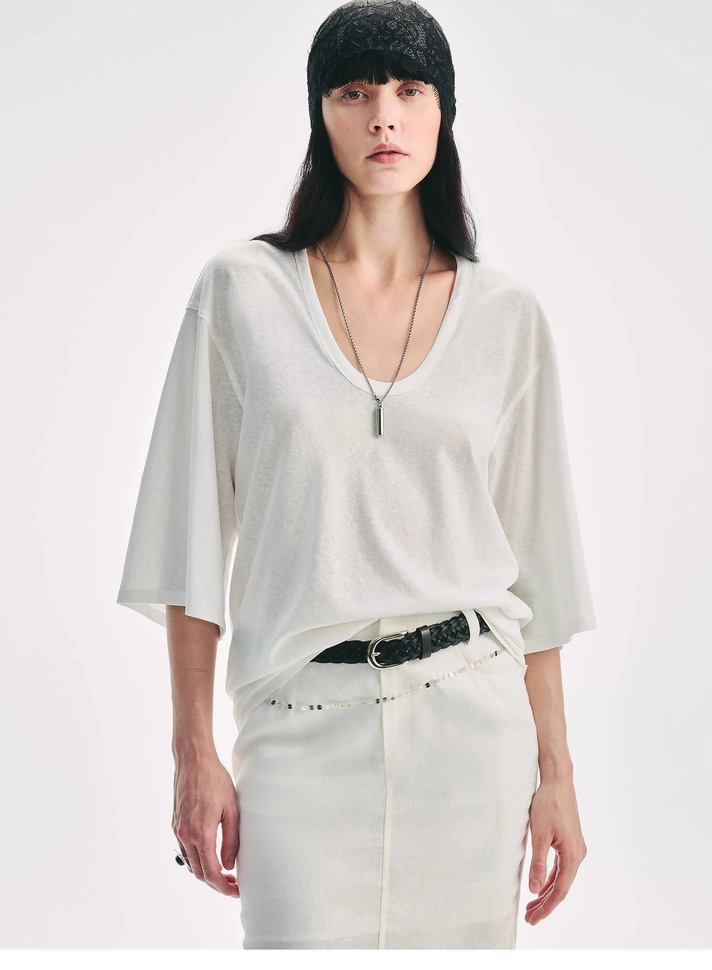 Loose U-Neck 3/4 Sleeve Cotton and Linen T-Shirt Summer"Inspiration Starts"