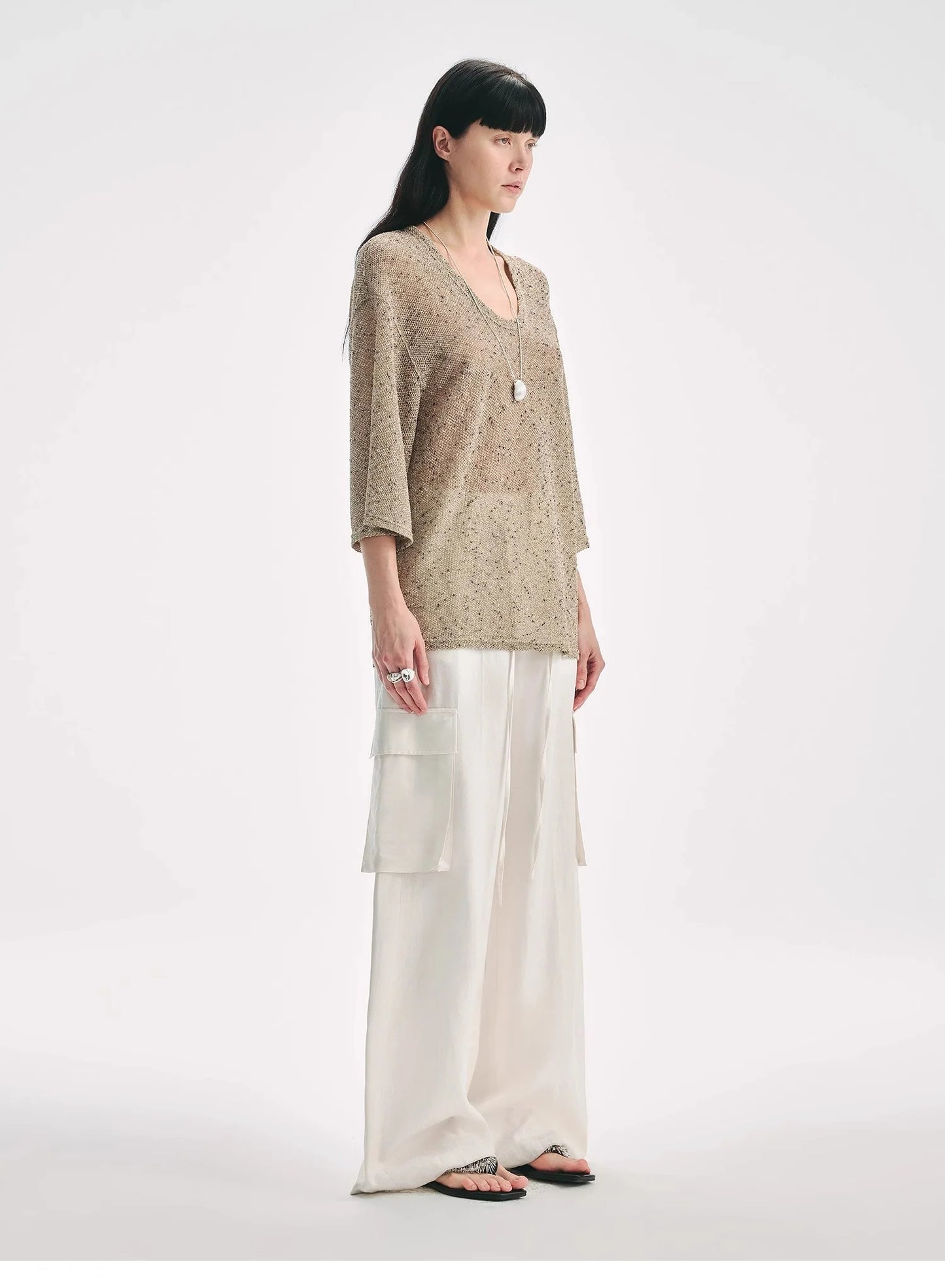 Loose U-Neck 3/4 Sleeve Cotton and Linen T-Shirt Summer"Inspiration Starts"
