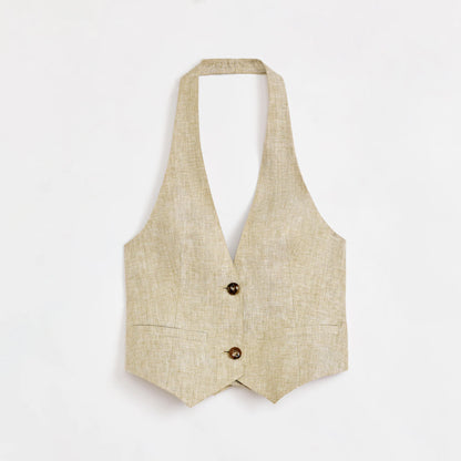 Retro Linen V-Neck Halter Vest and Fishtail Hip Skirt Set"Old Money Weekly"