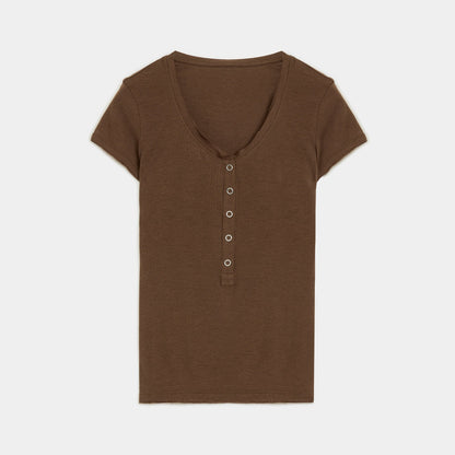 Fireladyfur Brand Slim Fit Tencel Wool Women'S Slim Fit Henley T-Shirts Short/Long Sleeve V-Neck Button Knitted Bottoming Basic Tops"Pure Fashion"