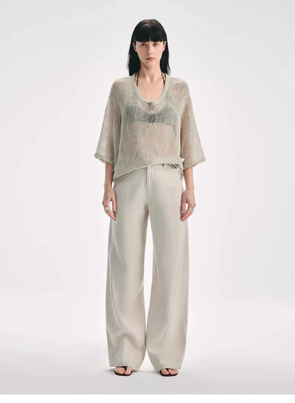 Loose U-Neck 3/4 Sleeve Cotton and Linen T-Shirt Summer"Inspiration Starts"