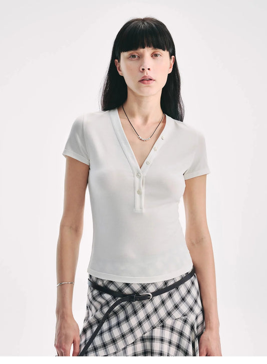 Fireladyfur Brand Slim Fit Tencel Wool Women'S Slim Fit Henley T-Shirts Short/Long Sleeve V-Neck Button Knitted Bottoming Basic Tops"Pure Fashion"
