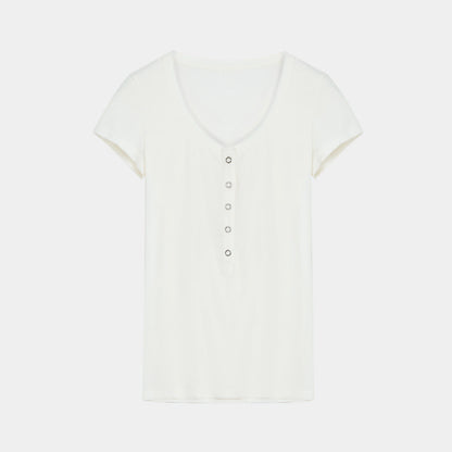 Fireladyfur Brand Slim Fit Tencel Wool Women'S Slim Fit Henley T-Shirts Short/Long Sleeve V-Neck Button Knitted Bottoming Basic Tops"Pure Fashion"