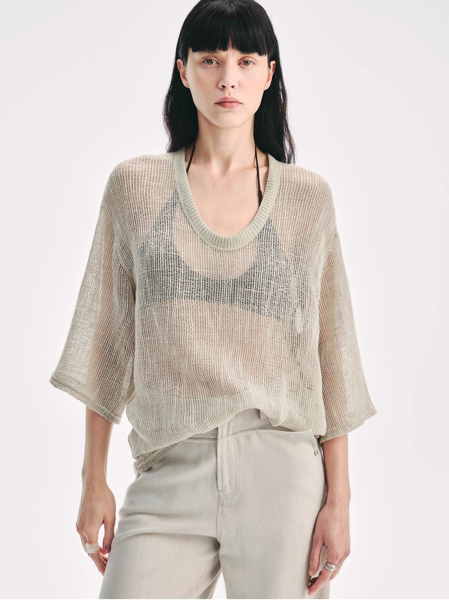 Loose U-Neck 3/4 Sleeve Cotton and Linen T-Shirt Summer"Inspiration Starts"