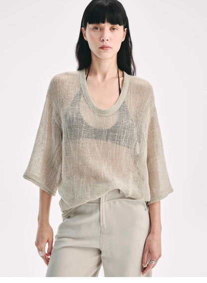 Loose U-Neck 3/4 Sleeve Cotton and Linen T-Shirt Summer"Inspiration Starts"