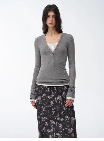 Fireladyfur Brand Slim Fit Tencel Wool Women'S Slim Fit Henley T-Shirts Short/Long Sleeve V-Neck Button Knitted Bottoming Basic Tops"Pure Fashion"