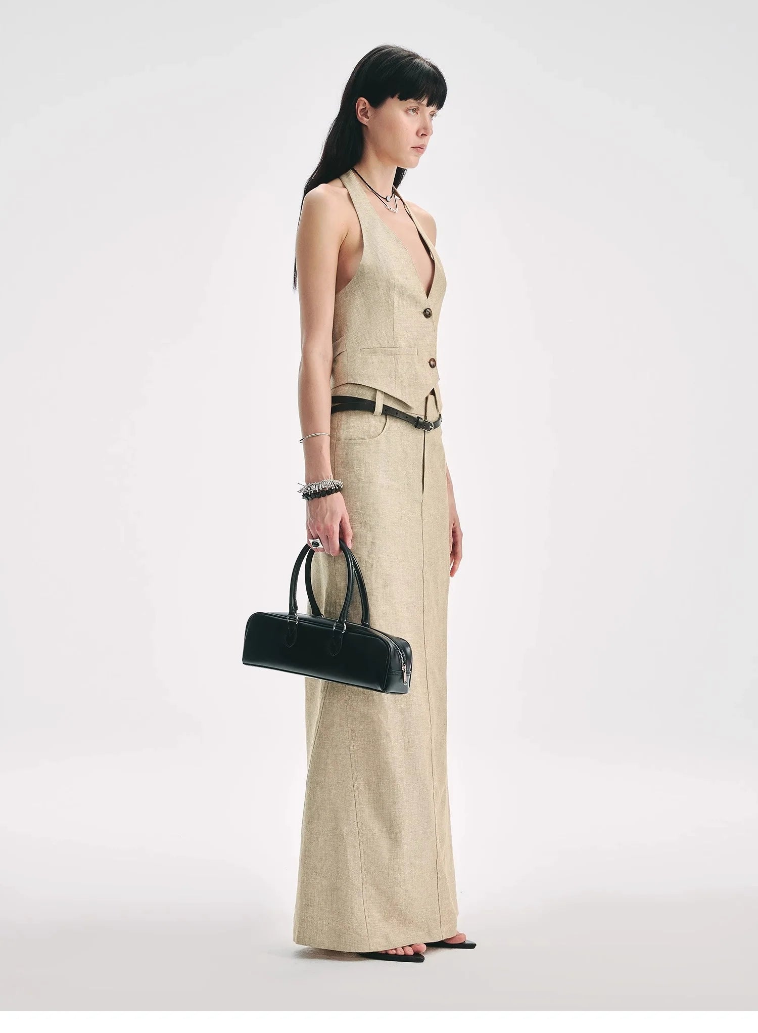 Retro Linen V-Neck Halter Vest and Fishtail Hip Skirt Set"Old Money Weekly"