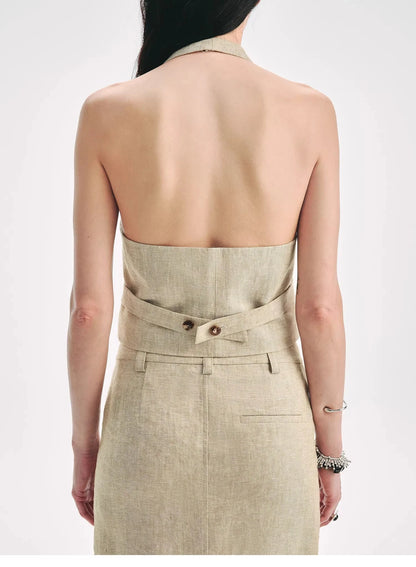 Retro Linen V-Neck Halter Vest and Fishtail Hip Skirt Set"Old Money Weekly"