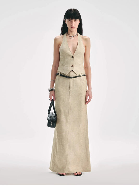 Retro Linen V-Neck Halter Vest and Fishtail Hip Skirt Set"Old Money Weekly"