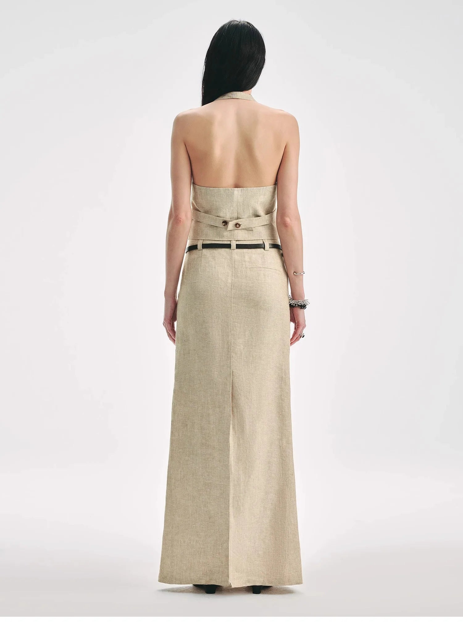 Retro Linen V-Neck Halter Vest and Fishtail Hip Skirt Set"Old Money Weekly"
