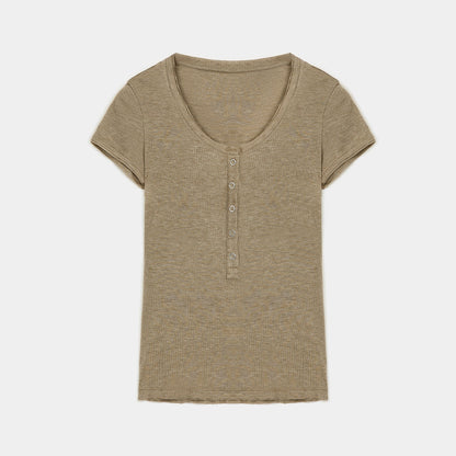 Fireladyfur Brand Slim Fit Tencel Wool Women'S Slim Fit Henley T-Shirts Short/Long Sleeve V-Neck Button Knitted Bottoming Basic Tops"Pure Fashion"