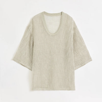 Loose U-Neck 3/4 Sleeve Cotton and Linen T-Shirt Summer"Inspiration Starts"