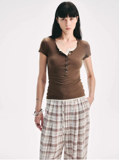 Fireladyfur Brand Slim Fit Tencel Wool Women'S Slim Fit Henley T-Shirts Short/Long Sleeve V-Neck Button Knitted Bottoming Basic Tops"Pure Fashion"